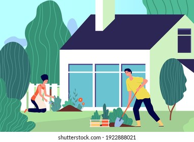 Family planting. Man woman work in garden. Couple on backyard plant flowers and greens, spring summer outdoor hobby vector illustration