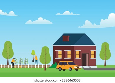 Family is planting a tree in the backyard garden of the house 2d vector illustration concept for banner, website, illustration, landing page, flyer, etc