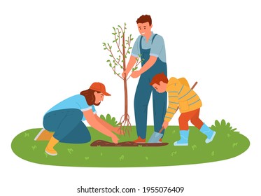 Family Planting A Tree Outdoors. Vector Illustration.