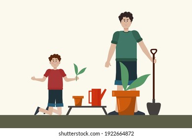 The family is planting a vegetable garden at home. Vector concept of people creating a home garden. Children and parents plant flowers at home. Vector illustration
