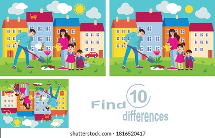 La familia planta una flor.Encuentra las 10 diferencias.Juego educativo para niños.Ilustración vectorial.