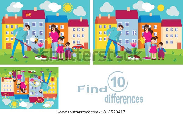 Family plants a flower.Find the\
10 differences.Children\'s educational game.Vector\
illustration.