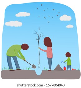 The family plants trees. Vector image of a man, woman, or child on a blue background. Flat style. Birds, clouds, people. 