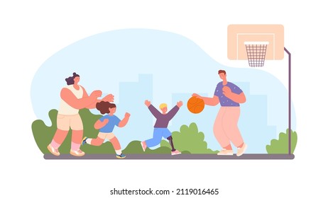 Family play basketball in city park. Inclusive child in life. Happy boy with parents and sister workout on playground, vector scene