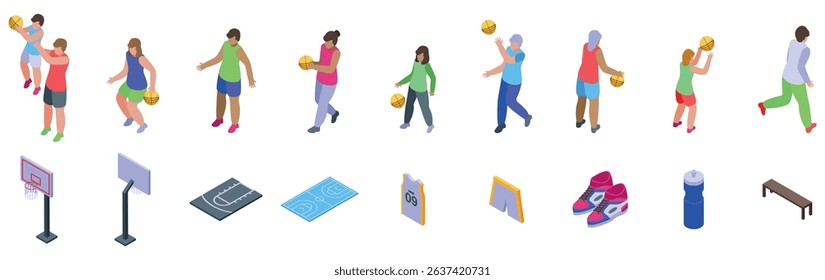 Family play basketball icons set. Basketball players practicing, playing, and related sport items in isometric view