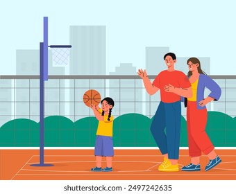 La familia juega al baloncesto. Hombre y mujer con hija en cancha de baloncesto con pelota. Estilo de vida activo y deportes. Los padres con niños pasan tiempo juntos al aire libre. Ilustración vectorial plana