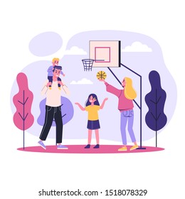 Family play basketball together. Outdoor activity. Son, father and mother. Isolated vector illustration in flat style