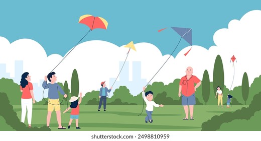 Family play with flying kite. Resting in city park, children and parents fly kites. Outdoor summer spring activity, recreation recent vector scene