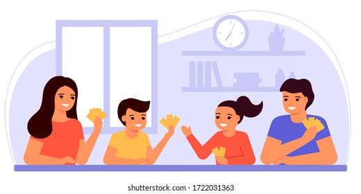 Family play game home. Smiling people sitting at table and play board game with cards at home. Mother and father with kids, spending time leisure together. Children entertainment. Vector illustration