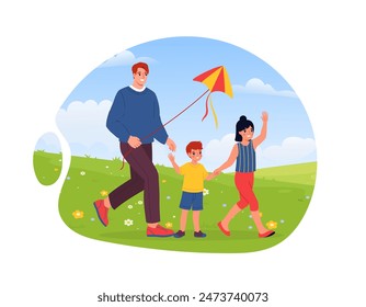 Family play with kite. Father goes with daughter and son to play in nature. Parent and children spend time together on lawn in summer. Cartoon flat vector illustration isolated on white background