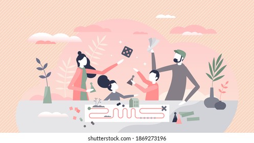 Family play as quality time together with kids parents tiny person concept. Children activity with mother, father in positive playful mood vector illustration. Fun board games as holiday entertainment