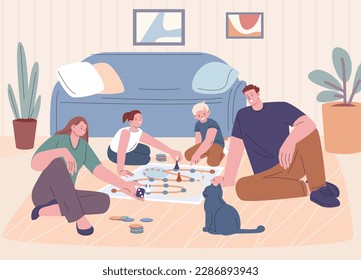 Family play together at home in board game. Parents and kids spend holidays, cheering and playing. Nursery or living room, happy children kicky vector scene