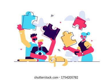 Family play vector illustration. Tiny togetherness activity persons concept. Fun, warm and happy parent or childhood lifestyle. Playful and positive entertainment game to bond group relationship.