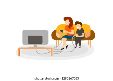 Family play video game at home. Small boy and girl are sitting on the couch together in front of TV.