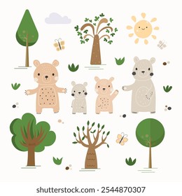 Una familia de osos сdañinos y juguetones en el césped de un bosque. Ilustración para el ocio de los niños, libros de los niños, diseño textil. 