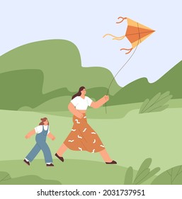 Family Playing With Air Kite And Fly It To Sky. Mother And Kid Walking With Toy Outdoors. Mom And Child At Summer Leisure. Happy Woman And Girl In Nature On Holidays. Flat Vector Illustration