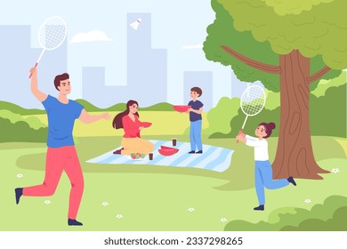 Family playing badminton and having picnic vector illustration. Cartoon drawing of mother, father, son and daughter relaxing in park. Family, outdoor activity, relaxation concept