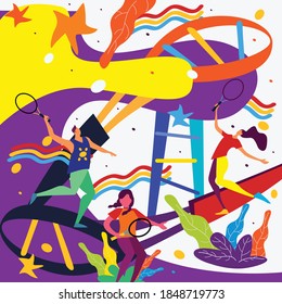 Family playing badminton or shuttle together surrounded by abstract shapes.
