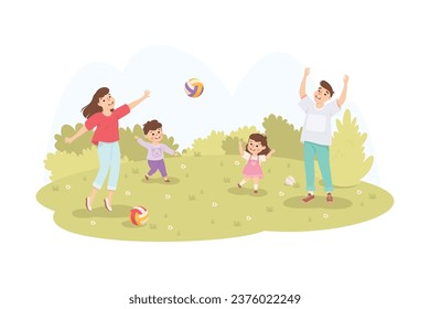 Family Playing Ball with Children on Green Meadow in Park Vector Illustration