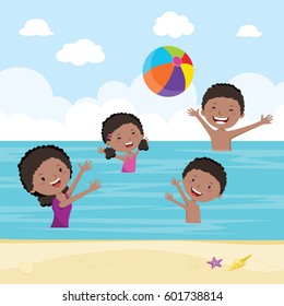 Family playing ball game in the sea. Happy family playing beach ball in the sea.