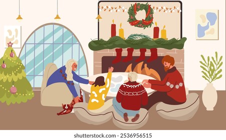 Family playing board game by fireplace at home on Christmas holiday party. Happy people relaxing in living room in winter evening at Xmas eve. Flat vector illustration isolated hand drawn.