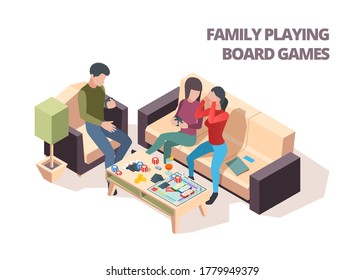 Family Playing Board Game. Cards Monopoly Chess Home Leisure Playing Vector Isometric Happy People