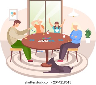 Family playing board game with cards. Mother, father and kids having fun, spending time together at home. Parents with son and daughter enjoy table game. Indoor entertainment for adults and children