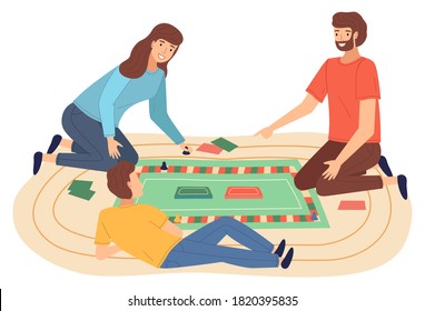 Family playing board game flat illustration. Parents with kid having fun, spending time together at home. Mom and dad with son enjoying table games. Indoor entertainment for adults and children