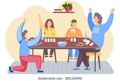 Family is playing a board game. Guy happily raises his hands. Parents and children spending evening time together. Group of people playing cards and eating candy. Evening pastime with relatives