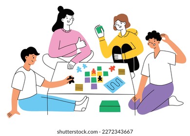 Family playing board game hand drawn composition, Adults and children having fun together. Leisure activity and hobby at home. Doodle icons of tabletop game, tiles and mascots. Vector illustration 