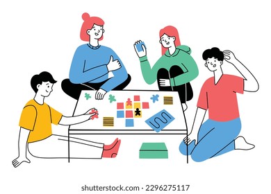 Family playing board game hand drawn composition. Parents and children having fun together. Leisure activity and hobby at home. Doodle icons of tabletop game, tiles and mascots. Vector illustration