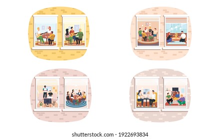 Family playing board game jenga, chess in apartment set of scenes view through window. Happy people spending time together, having fun, enjoying games. Indoor entertainment for adults and children