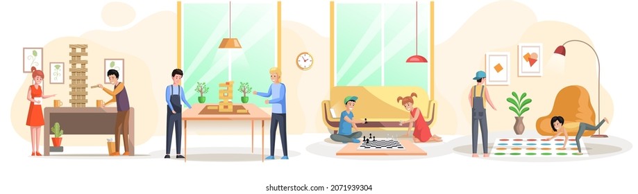 Family playing board game scenes set. People and kids having fun, spending time together at home. Parents with children enjoy table game on weekend. Indoor entertainment for adults and children