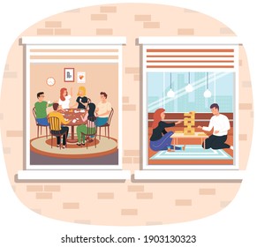 Family playing board game sitting at table in apartment, neighbors view through window. Happy people spending time together, having fun, enjoying games. Indoor entertainment for adults and children