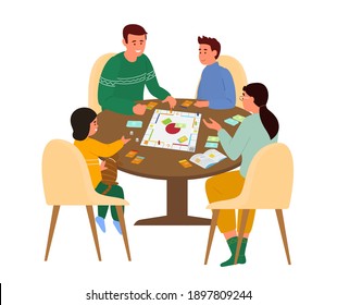 Family Playing Board Game At Table At Home. Vector Illustration. Isolated On White.