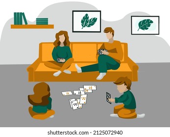 Family playing cards together at home. Spending time together vector illustration, family pastime