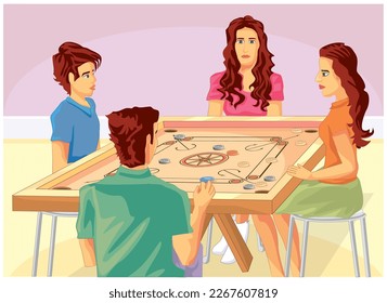 Family Playing Carrom im Home-Konzept in Vektorgrafik