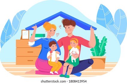 Вaily family playing with child, happy mother and father in room with children, cartoon vector illustration, isolated on white. Parental care and love, joyful people have fun together at home.