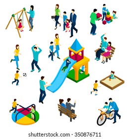 Family playing concept with isometric adults and children on playing ground isolated vector illustration