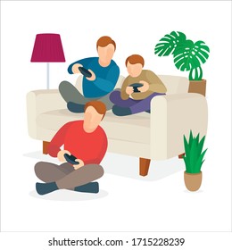 Family playing console video games in living room. Sitting at home on the floor and gaming video games cartoon characters collection. Family entertainment at home concept illustration. 