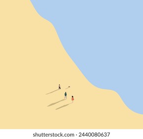 Family playing with dog on the beach. Summer holiday vacation. Mother, father and their little cute child having fun together. Family, trip, romance concept