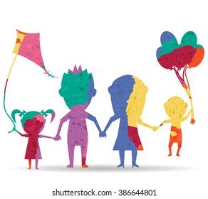family playing dolls drawn painted icon vector