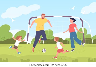 Familie spielt Fußball. Vater Mutter Kinder spielen Fußball draußen im Park Hinterhof, Vater Mutter Sohn Tochter lustiges Kind und junge Eltern Sportspiel zusammen, Vektorillustration von Vater und Mutter