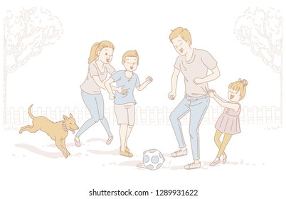 Family playing football In the garden at home lawn. smiling faces have fun. Spring of sports. People playing outdoor activities.People having fun and enjoying sports. soccer balls and footballs.