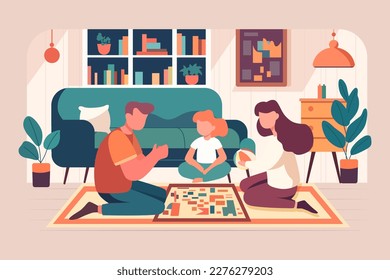 Family playing games in living room with sofa and bookcase in background, vector illustration