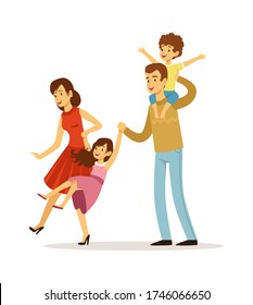 Family playing. Happy children father and mother. Smiling kids, girl and baby boy. Isolated young parents, son and daughter vector illustration