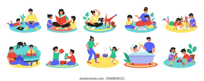 Family playing. Home games. Happy parents with kids. House leisure. Mother reading book to girls. Boy with puzzle toys. Father together with children. People lifestyle. Vector tidy fun activities set