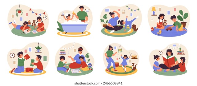 Family playing. Home games. Happy parents with kids. House leisure. Mother reading book to girls. Father bathing baby. Mom cooking together with boy. People lifestyle. Vector tidy fun activities set