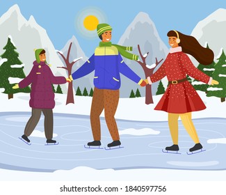 Family playing ice skating on rink outdoor in sunny day during the winter season against the backdrop of snow-capped mountains and trees, Happy smiling people spend time together on active weekend