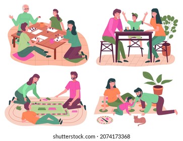 Family Playing Indoors Games Collection, Relationship Of Happy Parents And Children, Bingo, Chess, , Spend Leisure Time Together At Home, Competition Between Adults And Kids